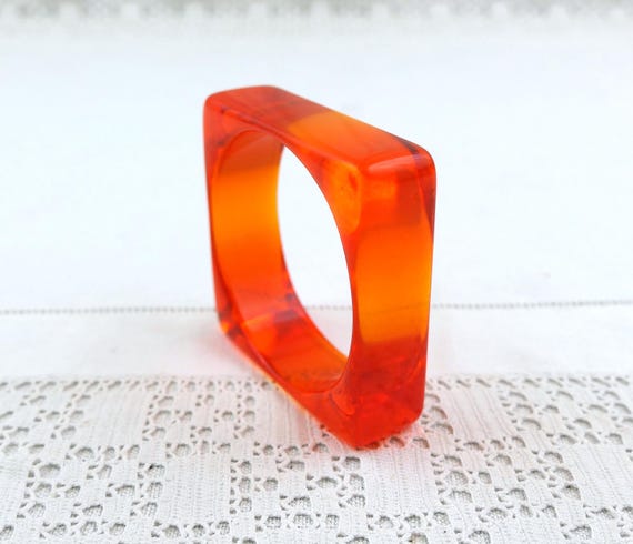 Vintage Square Orange Lucite Bangle Bracelet, Chunky Translucent Acrylic Bracelet, Mod Statement Jewelry, Retro 1960s Style Tangerine Bangle