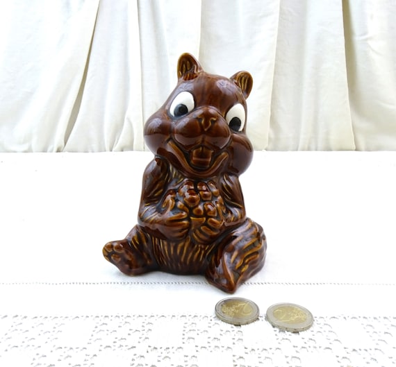 Vintage English Novelty Pottery Chipmunk with Nuts Shaped Piggy Bank, Retro Cash Bank from England, Zoomorphic China Animal Colectible