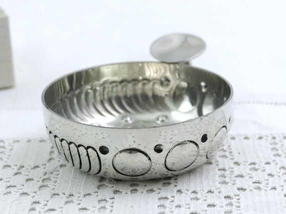 Vintage French Unused Mid Century Studio Pewter Ashtray Shaped as a Vin Taster Signed Reival , Retro 1960s Metalware Small Vessel France