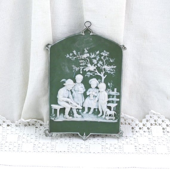 Antique German 19th Century Green Jaspaerware Plaque Scene of Children Playing with Toys, Vintage Victorian Wall Hanging Bisque Picture