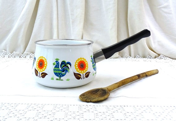 Vintage French Mid Century White Enamel Saucepan with Stylized Flower and Rooster Pattern, Retro 70s Colorful Cooking Pan from France