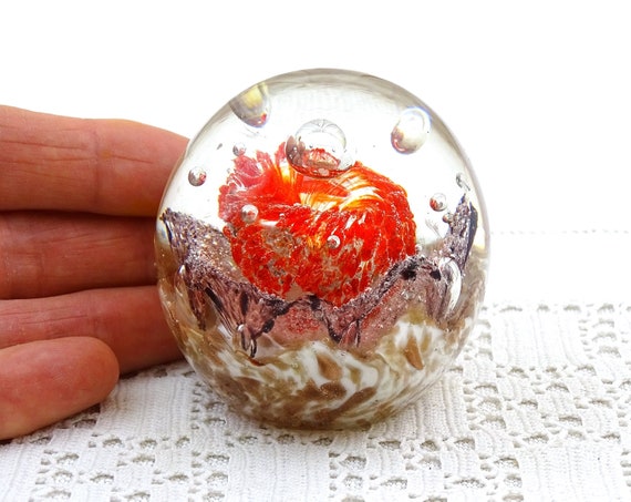 Vintage Round Clear Glass Paper Weight with Red White Gold and Air Bubbles, Retro Colorful Globe Bubbly Glassware Ornament from France