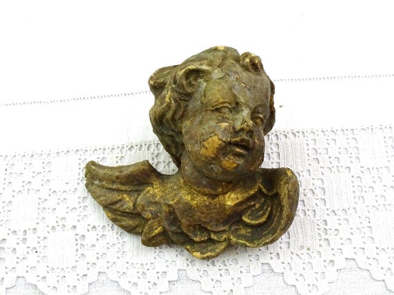 Antique French Putti Cherub with Wings, Retro Wall Hanging Angels from France of Plaster, Vintage Shabby Old Church Style Cherubim