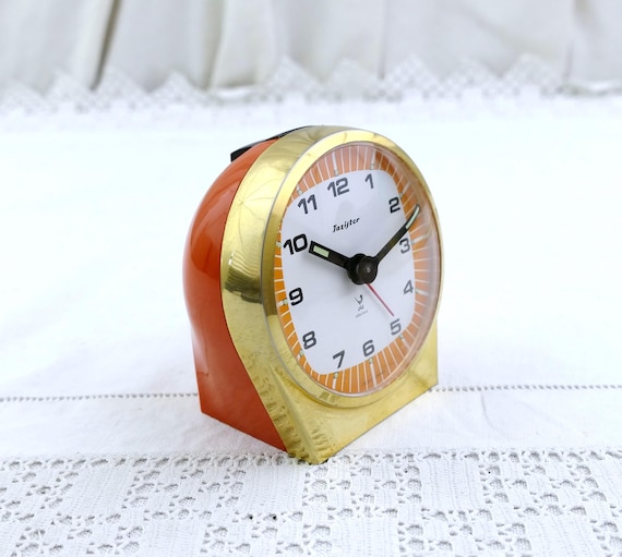 Vintage Mid Century Modern 1960 French Jaz Battery Alarm Clock in Bright Orange and Gold Plastic, Retro Style Bedroom Wind Up Time Piece