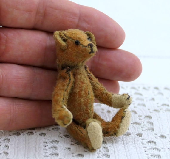 7cm / 2.75in Miniature Teddy Bear, Antique Hand-Stitched Felted Plush Soft Toy, Vintage European Collectible Nursery Figure, Early 20th C