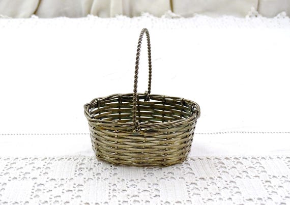 Small Vintage Silver Plated Woven Metal Wire Basket, Tiny Decorative Miniature Trinket Container with Tarnished Patina, Little Hold All