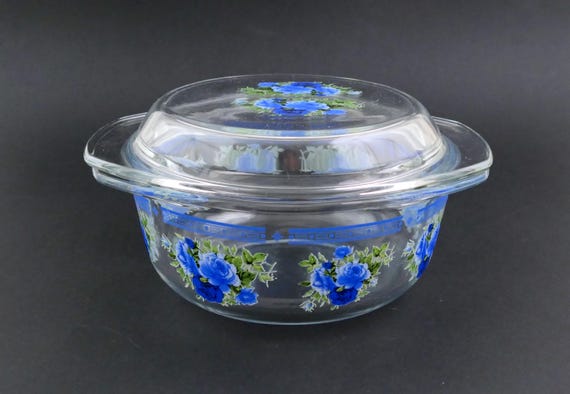 Small Vintage Transparent Glass Casserole Oven Dish With Blue Rose Pattern in Excellent Condition, Retro 70s Cookware Kitchen Accessory