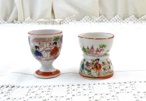 2 Antique French Porcelain China Chinese Famille Rose Inspired Egg Cups, Vintage Asian Style Pottery Eggcups from France, Retro Breakfast