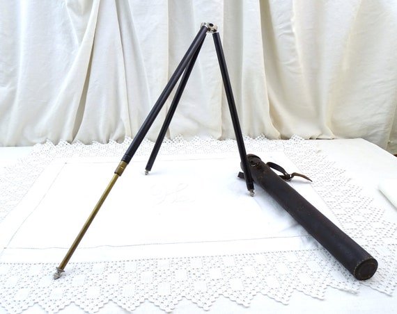 Vintage French German Tripod with Leather Case made of Brass and Black Lacquered Metal, Retro Old Style Photographic Stand from Germany