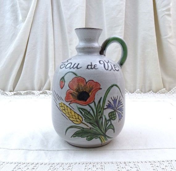 Vintage French Earthenware Pottery Decorative Flagon for Moonshine with Poppy and Corn Flower Pattern, Retro Kitchen China Bottle Vase