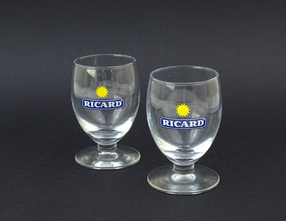 2 Small French Vintage Ricard Drinks Short Stemmed Glasses, Pair Retro Pernod Aperitif Drinks Accessory from France, Parisian Flea Market