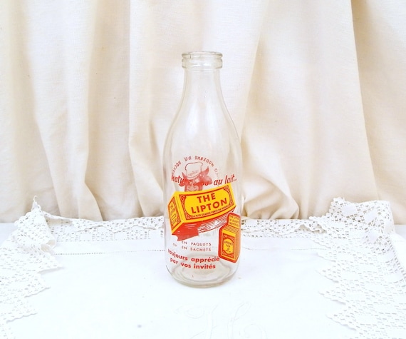 Vintage 1950s French Milk Bottle from a Dairy near Le Mans Advertising Lipton Tea in Orange and Red 1 L, 1960 Retro Kitchen, Cow And Yogurt