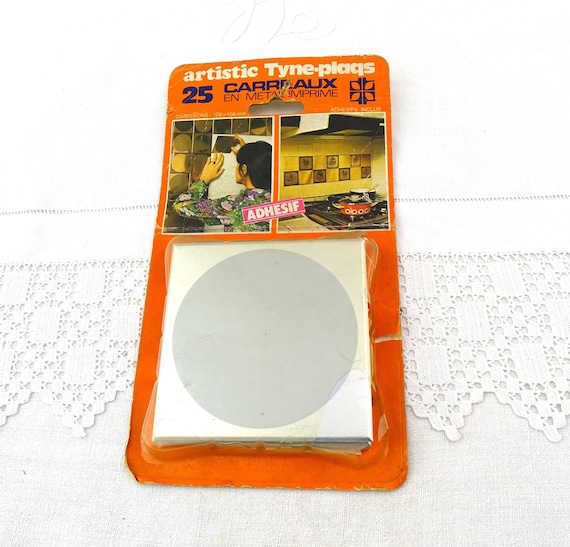 1 Packet of Mid Century Vintage Unused 25 Adhesive Square Metallic Tyne Plaqs Wall Tiles with Circle Design, Retro Metal 1960s Splash Back