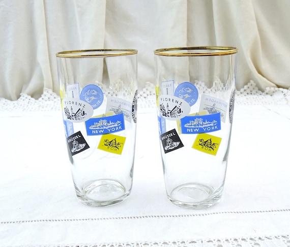 2 Vintage MCM Bohringer Hirschbrau Clear Glass Beer Tumblers with Printed Travel Labels for Worldwide Cities, Pair Retro 1960s Glasses