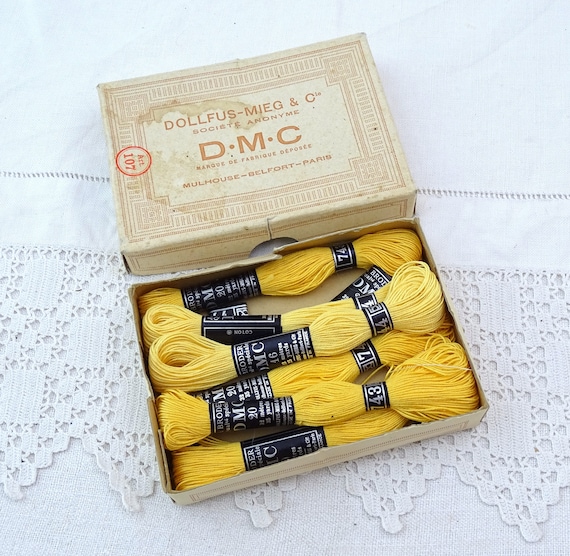 6 Boxed French Vintage Number 4 x 20 and 2 x 16 Yellow DMC Cotton Skeins 40 M / 44 Yards, Retro Embroidery Needlepoint Yarn from France,