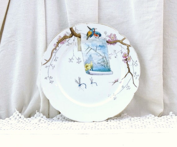 Antique French Handpainted Porcelain China Plate 2 Kingfisher Birds on Cherry Blossom Branch with Dragonflies, Vintage Brocante Wall Decor