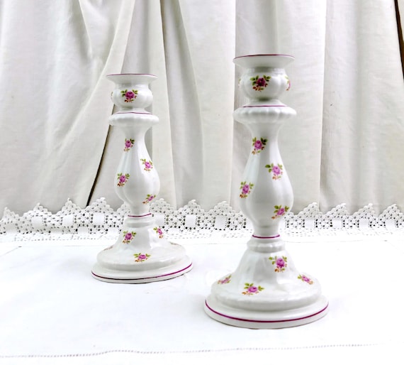 Pair of Vintage English Staffordshire James Kent Old Foley Candle Stick Holders with Small Pink Rose Flower Pattern, Classic 1950s Pottery
