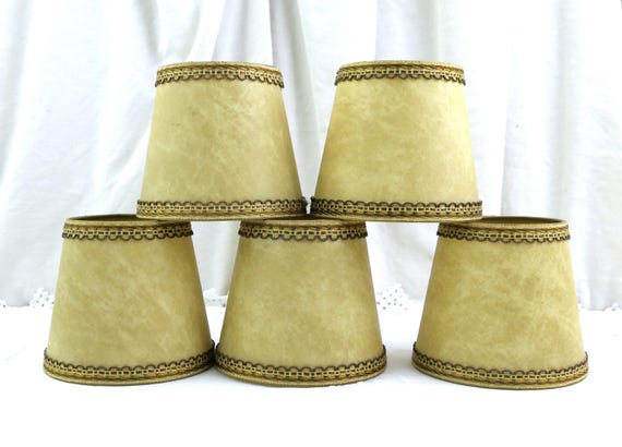 Set of 5 Vintage French Small Mid Century Clip Lamp Shades in Parchment Type Fabric with Trims, 1950s 1960s Lighting Accessory from France