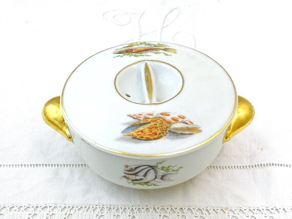 Vintage French Apilco Fine Porcelain China Round Sea Food Sauce Lidded Dish with Gold Tone Side Handles and Images of Muscles and Fish