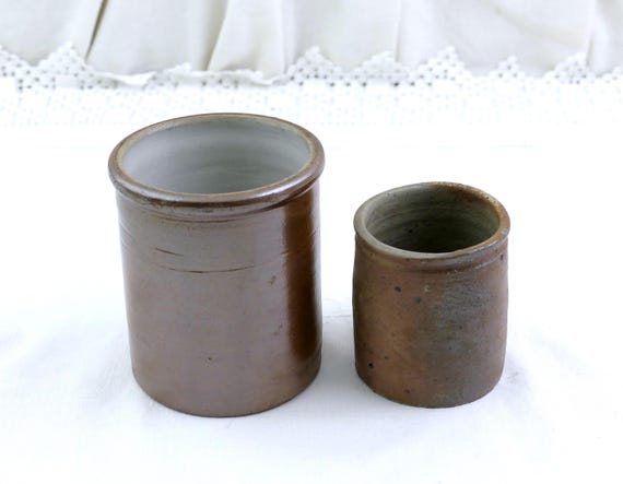 2 Antique French Salt Glazed Primitive Rustic Rillette Pottery Jars, Vintage Country Farmhouse Kitchen Pots, Retro Cottagecore Desk Tidy
