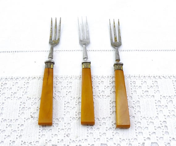 3 Antique French Dessert Forks with Dark Butterscotch Bakelite Handles, Small Vintage Flatware Metal Forks, Art Deco Cutlery France