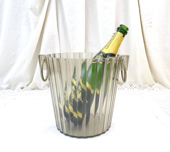 Vintage French Mid Century Gray Tinted Clear Plastic Wine Bottle Chiller with 2 Side Metal Loop Handles, Retro 1960s Ice Bucket from France