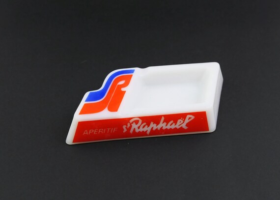 Vintage French Mid Century White Milk Glass St Raphael Aperitif Ashtray with Red and Blue Logo, Retro 1960s Smoking Accessory from France
