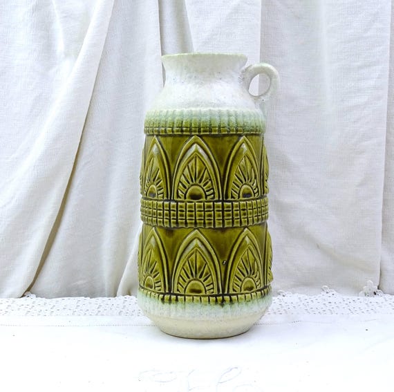 Vintage Mid Century West German Olive Green Vase Pitcher Model 1787/25 Designed for Uberlacker Keramik by Halidan Kutlu, 1960s Pottery