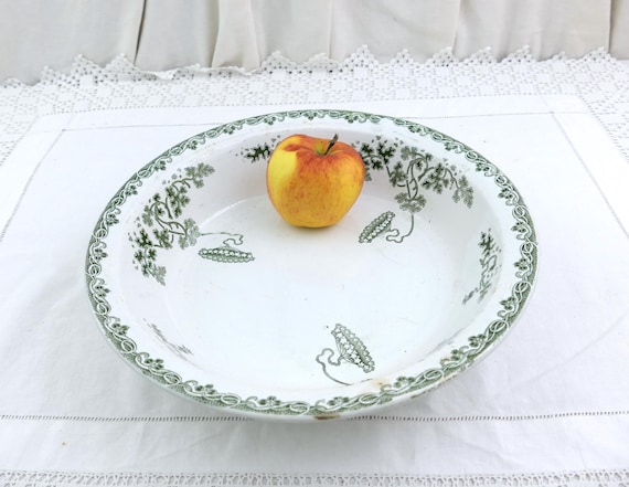 Large Antique French Saint Amand Ironware Style Serving Bowl with Teal Green Flower Pattern, Vintage Farmhouse Ironstone Pottery Crockery