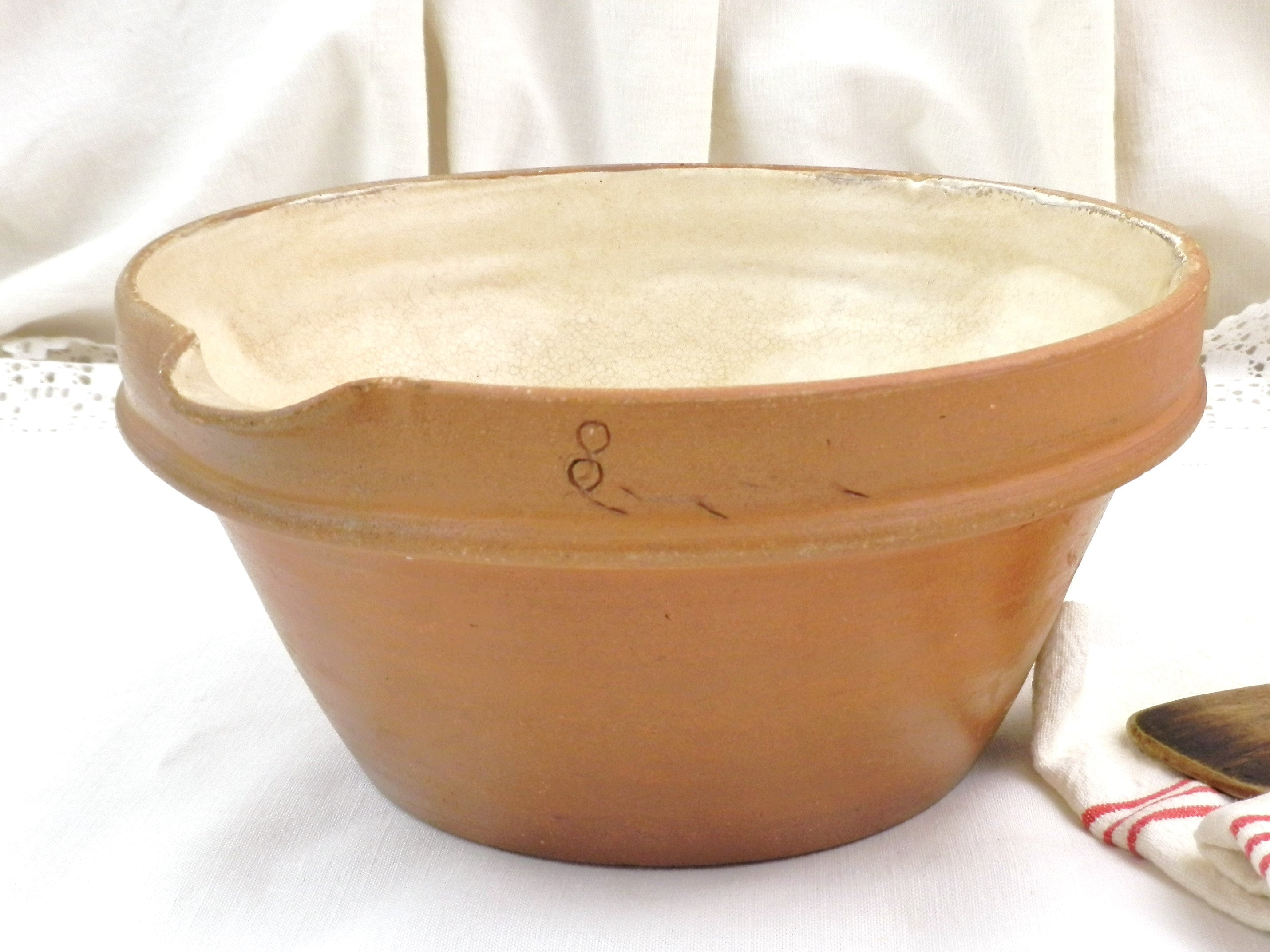 French Antique Pottery Mixing Bowl with Serving Spout, Vintage Ceramic