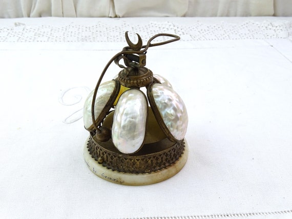 Antique French 19th Century Table Bell Decorated with 5 Mother of Pearl Shells and Alabaster Base, Vintage Curio Servants Bell Granville