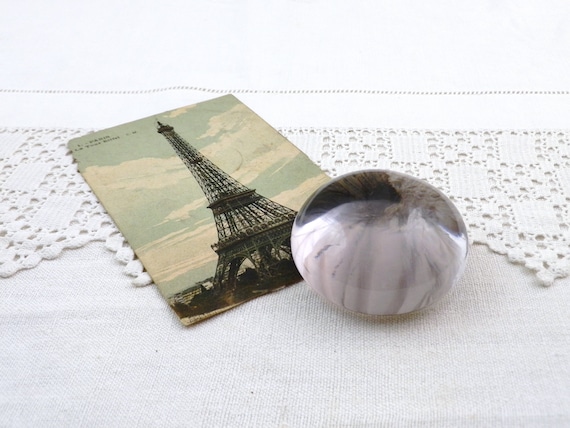 French Antique Clear Round Glass Desk Paper Weight, Vintage Victorian Office Accessory from France, Old Style Farmhouse Brocante Desk Decor