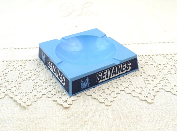 Vintage Mid Century 1960s French Pale Blue Melamine Bistro Seitanes Ashtray, Gitanes Mais Cigarettes from France, 1950s Bar Bistro Ash Tray