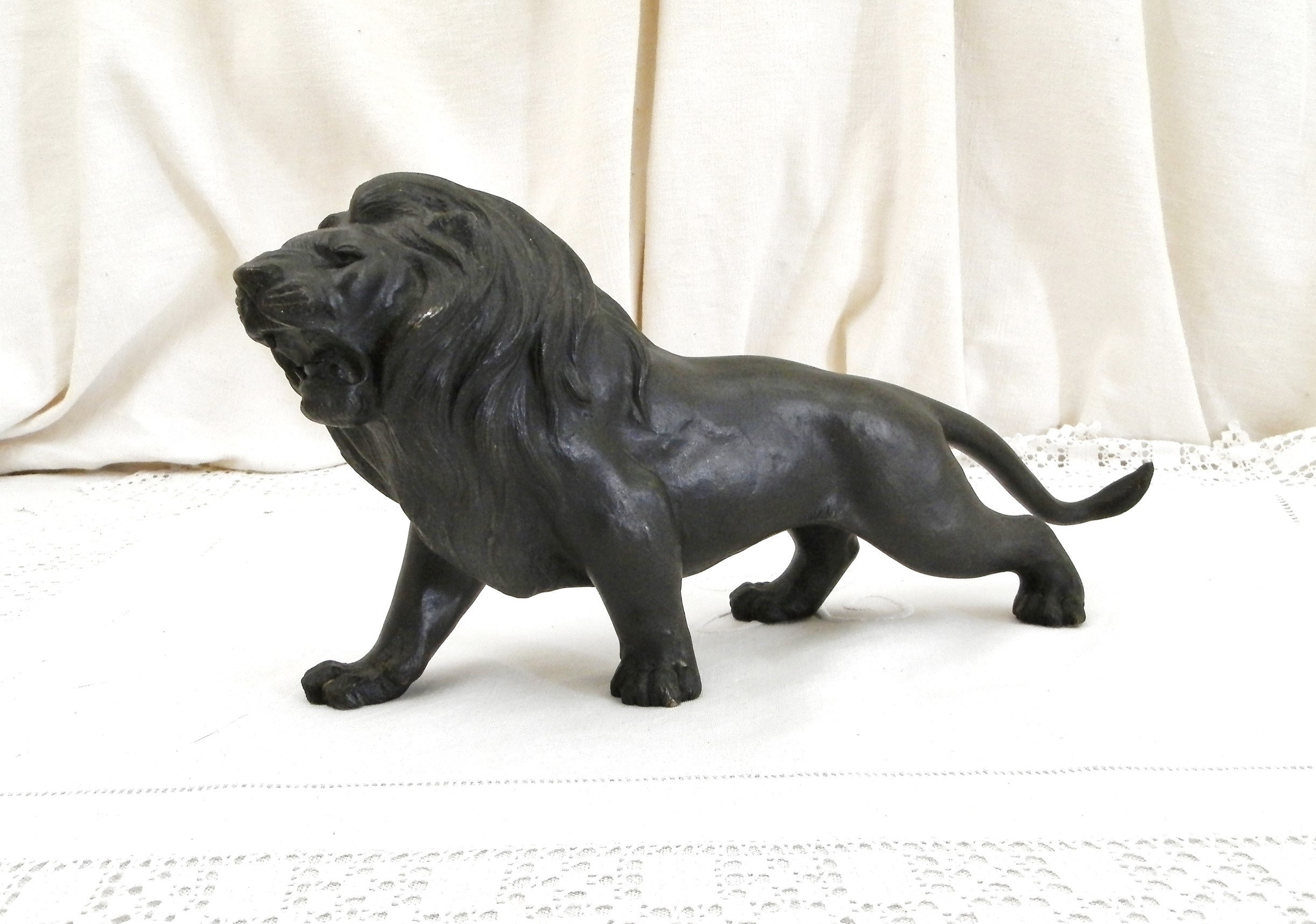 Antique Bronze Lion Sculpture, Cast Metal Art Statue of Wild