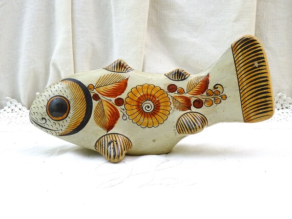 Vintage Tonala Mexican Pottery Canelo Large Fish, Retro Hand Painted Decorative Ceramic Fish Figurine from Mexico, South American Sculpture