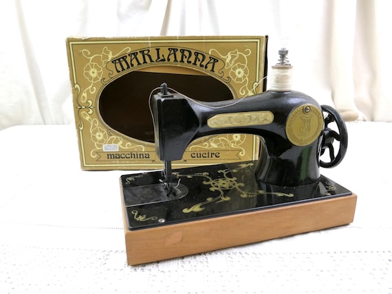 1970s Marilanda Toy Sewing Machine in Original Box , Retro Working Vintage Italian Children's Pretend Play Collectible with Wooden Base