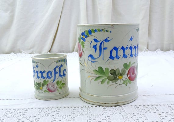 2 Antique French Ironstone Ceramic Canister Jars No Lids and Handpainted Rose Flower Pattern by Choisy Le Roi, Vintage Ironware Pottery