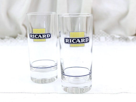 2 Vintage French Tall Ricard Clear Glass Tumblers, Retro Glassware from France for Aperitif Drinks, Cote d'Azur Mediterranean Barware France