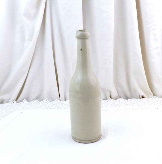 Antique French Rustic Pale Beige Salt Glaze Stoneware Ceramic Bottle, Old Primitive Saltware Pottery Vase from Normandy France, Farm Decor