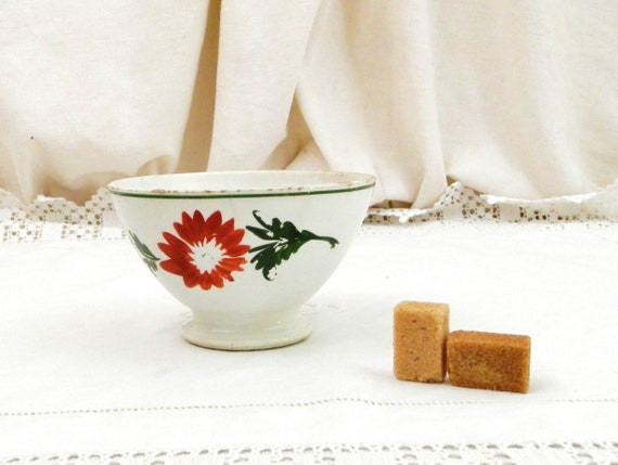 Small Antique French Ceramic Coffee Bowl with Hand Painted Flower Pattern, Tiny Latte Bowl from France, Retro Cafe au Lait Drinking Vessel