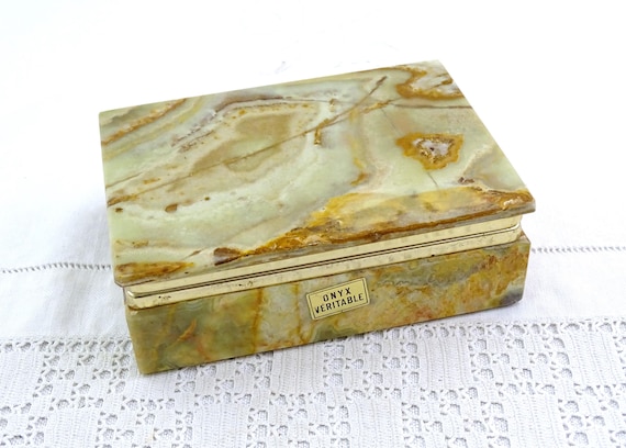 Vintage Mid Century 1960s / 1970s Pale Veined Green and Brown Onyx Cigarette Box, Retro 1970s Stone Jewelry Container, Rock Home Decor