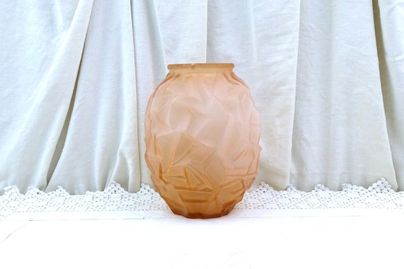 Antique French Art Deco Frosted Pink Glass Vase Geometric Patterns, Retro 1930 Decorative Glassware from France, Flower Accessory Home Decor