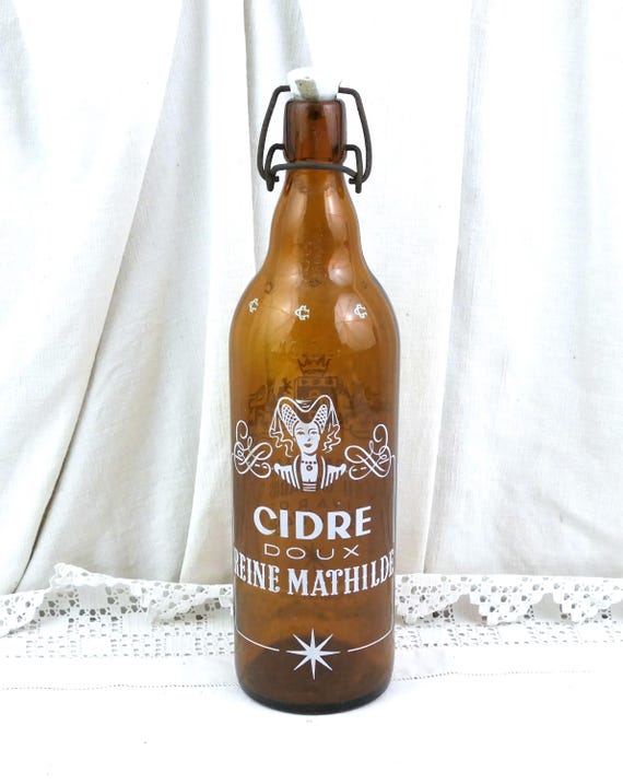 Vintage French Reine Mathilde Cider Bottle with Original Swing Top, Decorative Brown Glass from Livarot Normandy Advertising Collectible