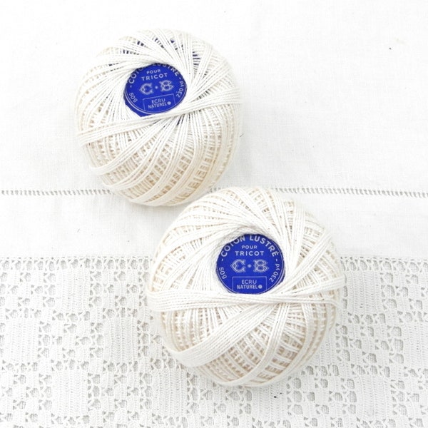 2 Vintage French Balls of White Cotton Knitting Wool CB Coton Lustré pour Tricot 50 gm, Retro Yarn from France