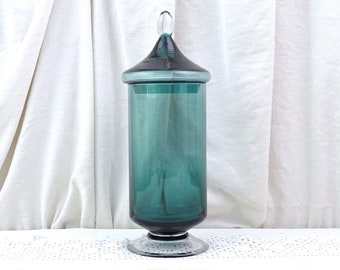 Vintage Mid Century Teal Blue Glass Apothecary Style Footed Jar and Lid with Pointed Finial, Retro 1960s Bathroom Emploi Style Glassware