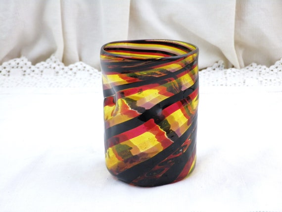 Vintage Hand Blown Colorful Streaked Colored Glass Tumbler, Retro Artisan Drinking Glass with Bright Colored Glass, 1960s 1970s Vase