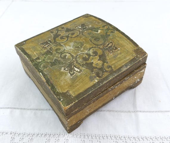 Vintage Italian Florentine Square Musical Jewelry Box Mechanism not Working, Retro Venetian Style Bronzed Worn Patina Storage Container