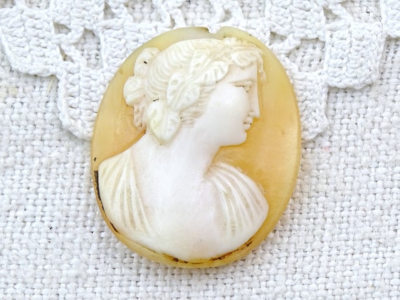 Antique 19th Century Unmounted Shell Cameo of Woman Portrait with Straight Roman Nose, Retro Pendant Jewlery, Curio 1800 Small Face Picture