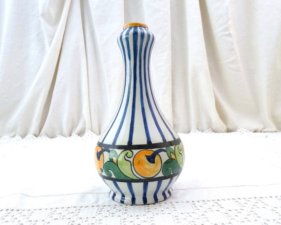 Vintage French Art Deco HB Quimper Pottery Vase in White with Blue Lines and Orange Fruit Model 194, Retro Tall Necked Pot from Brittany