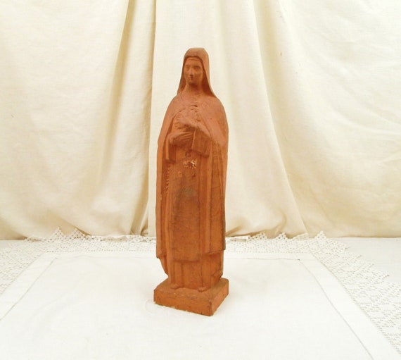 Large Vintage 1930s French Religious Ceramic St Theresa of Lisieux Statue with Terracotta Patina, Catholic Pottery Sculpture from France
